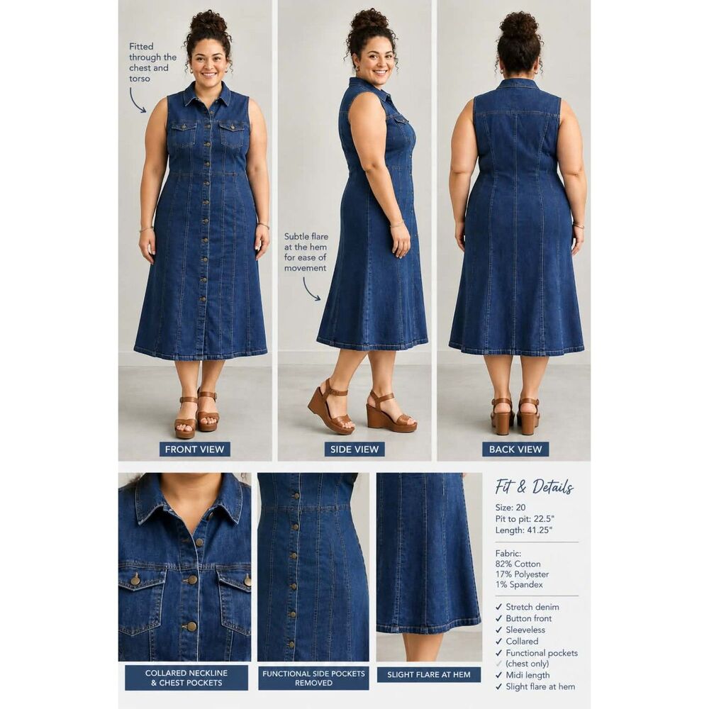AshleyStewart Plus Size 20 Stretch Denim Button Dress Midi AmericanHeritageDress